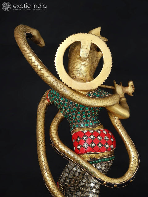 15" Shri Krishna and Kaliya | Brass Statue with Inlay Work