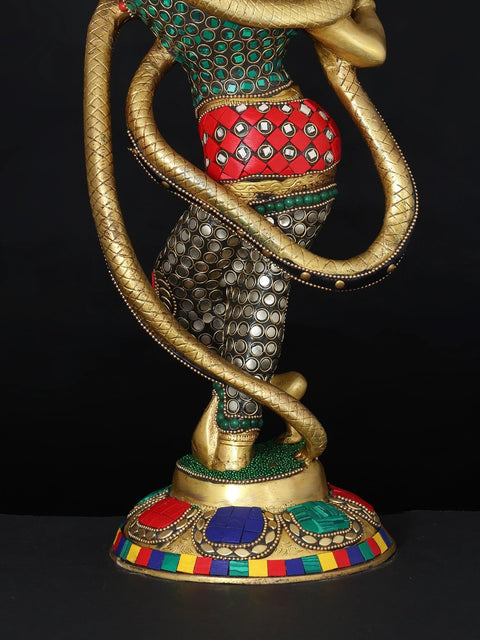 15" Shri Krishna and Kaliya | Brass Statue with Inlay Work