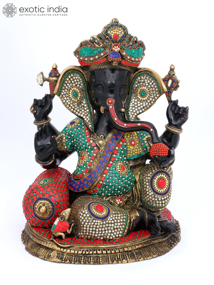 22" Sitting Chaturbhuja Ganesha Blessing Gesture Brass Statue with Inlay