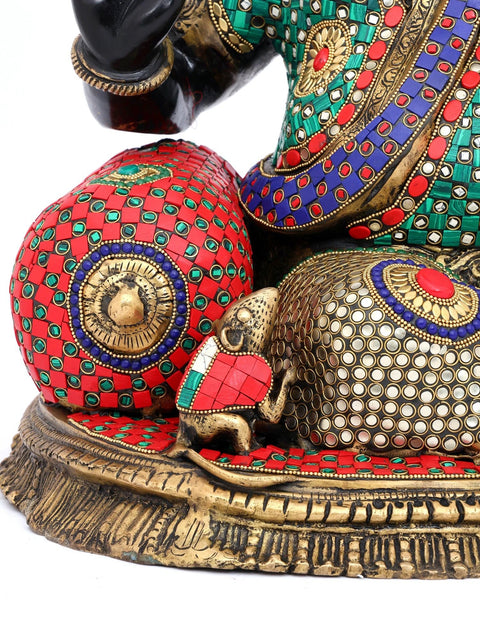 22" Sitting Chaturbhuja Lord Ganesha in Blessing Gesture | Brass Statue with Inlay Work