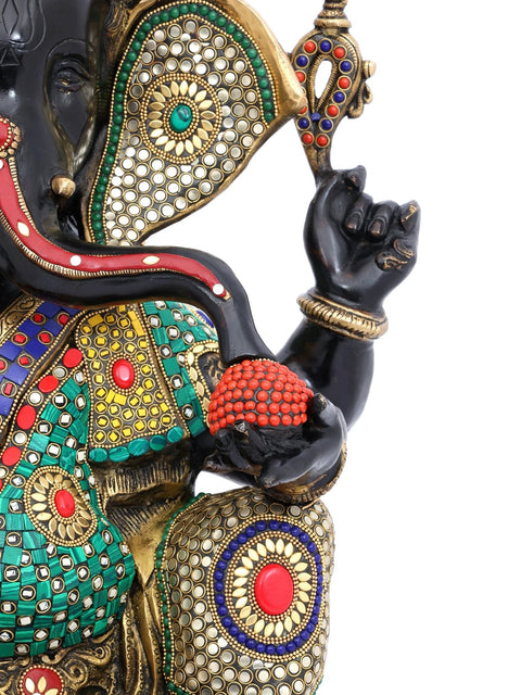 22" Sitting Chaturbhuja Lord Ganesha in Blessing Gesture | Brass Statue with Inlay Work