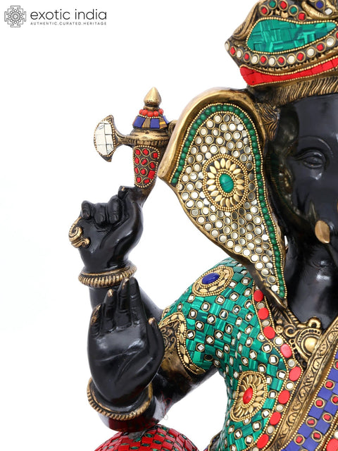 22" Sitting Chaturbhuja Lord Ganesha in Blessing Gesture | Brass Statue with Inlay Work