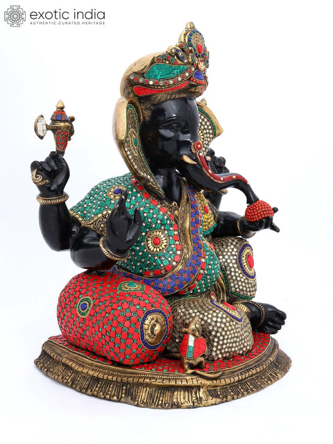 22" Sitting Chaturbhuja Lord Ganesha in Blessing Gesture | Brass Statue with Inlay Work