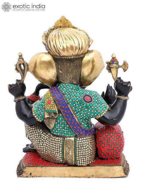 22" Sitting Chaturbhuja Lord Ganesha in Blessing Gesture | Brass Statue with Inlay Work