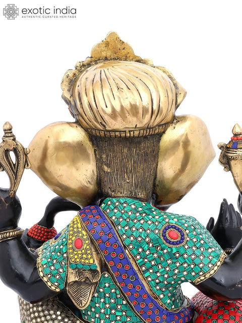 22" Sitting Chaturbhuja Lord Ganesha in Blessing Gesture | Brass Statue with Inlay Work