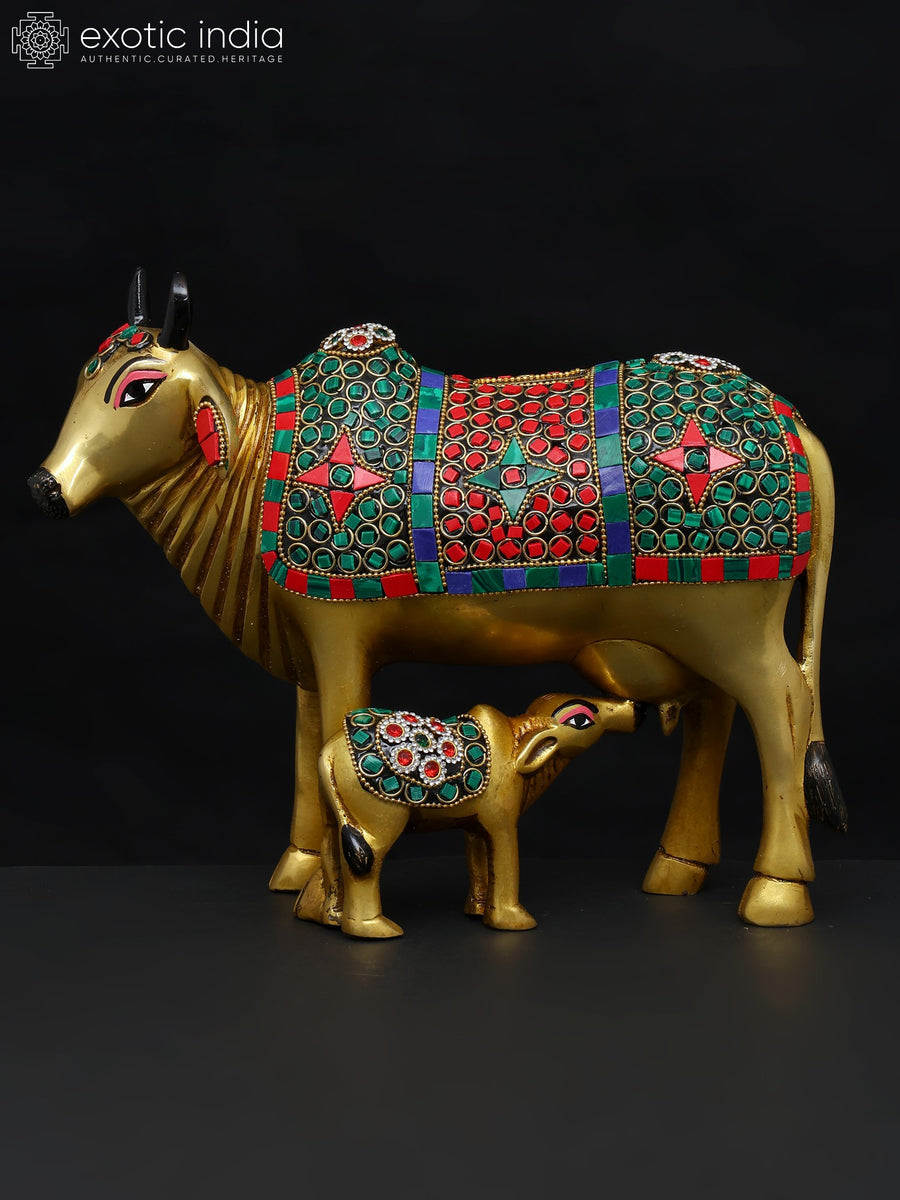 10" Brass Cow and Calf Gullak Statue with Inlay Work