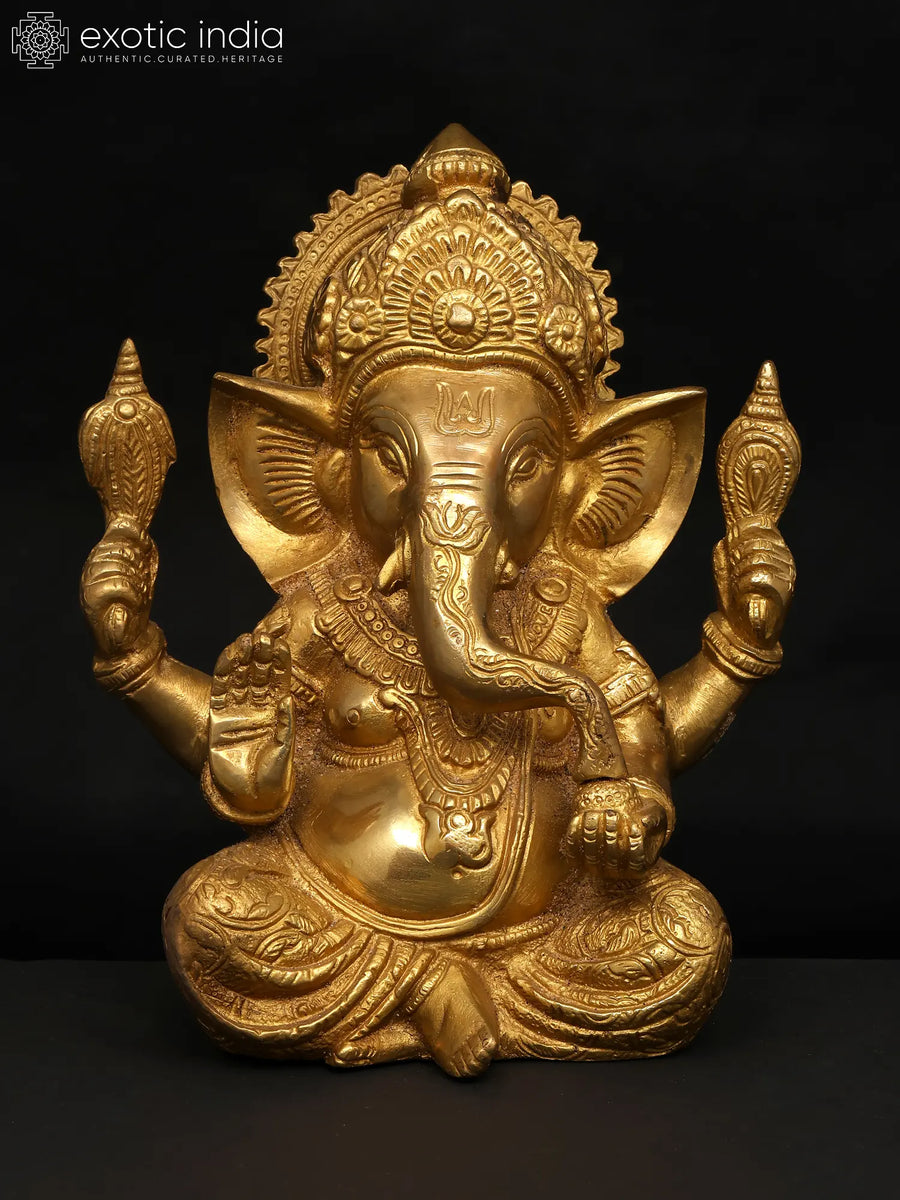 9" Chaturbhuja Ganesha Brass Statue for Home Pooja