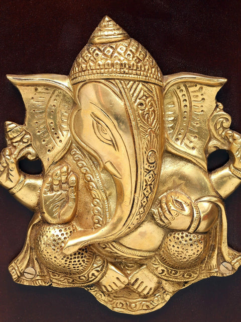 12" Blessing Lord Ganesha | Wood Framed Brass Sculpture | Wall Hanging