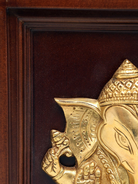 12" Blessing Lord Ganesha | Wood Framed Brass Sculpture | Wall Hanging