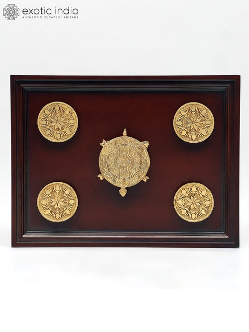20" Wood Framed Brass Tortoise with Lotuses Wall Hanging