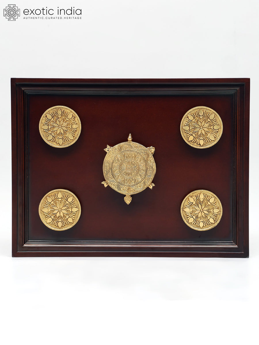 20" Wood Framed Brass Tortoise with Lotuses Wall Hanging