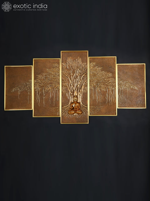 58" Large Lord Buddha Seated Under The Bodhi Tree | Set of Five | Wall Hanging