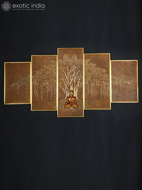 58" Large Lord Buddha Seated Under Bodhi Tree Brass Wall Hanging Set