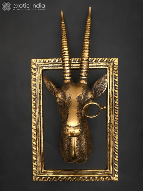 23" Brass Deer Head Wall Hanging with Frame for Home Decor