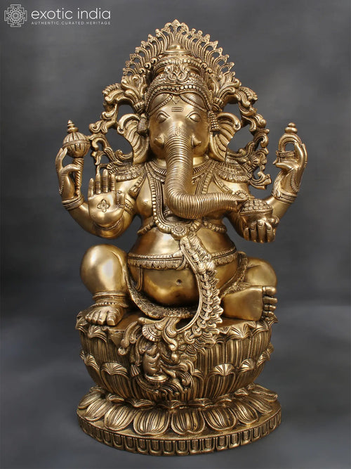 26" Four Armed Ganesha Brass Statue Handmade for Temple Pooja