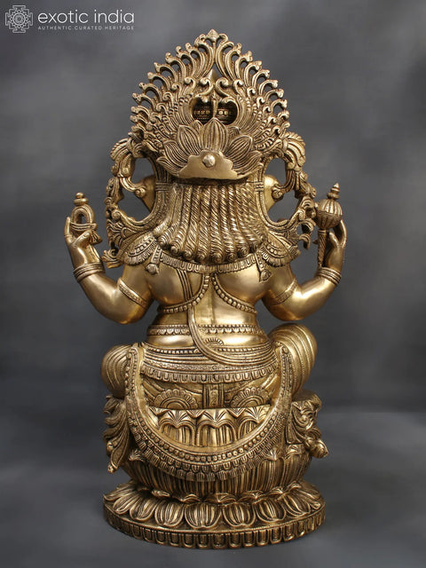 26" Four Armed Lord Ganesha With Attractive Carving | Brass Statue For Temple