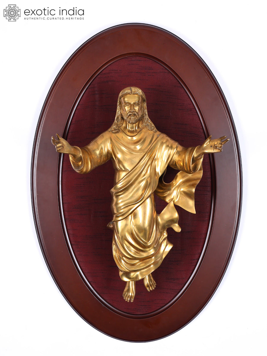 31" Handmade Jesus Christ Brass Sculpture Wall Hanging with Wood Frame