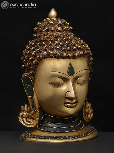 9" Meditating Buddha Head | Brass Statue with Inlay Work