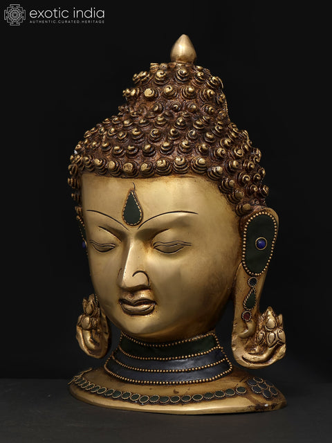 9" Meditating Buddha Head | Brass Statue with Inlay Work