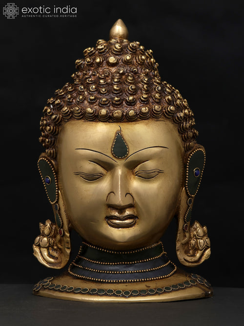 9" Meditating Buddha Head Brass Statue with Handmade Inlay Work