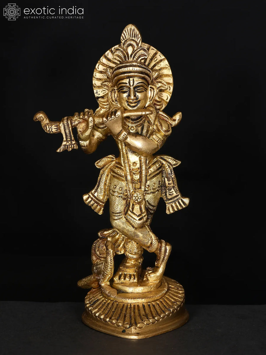 6" Lord Krishna Fluting Brass Statue for Pooja
