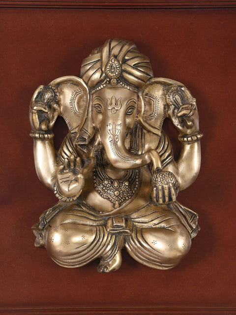 24" Turbaned Blessing Lord Ganesha | Wood Framed Brass Sculpture | Wall Hanging