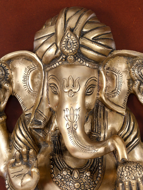 24" Turbaned Blessing Lord Ganesha | Wood Framed Brass Sculpture | Wall Hanging