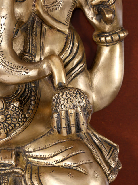 24" Turbaned Blessing Lord Ganesha | Wood Framed Brass Sculpture | Wall Hanging
