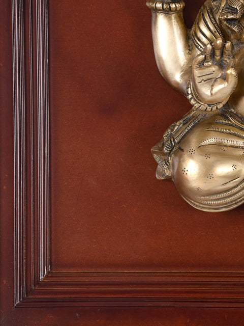24" Turbaned Blessing Lord Ganesha | Wood Framed Brass Sculpture | Wall Hanging