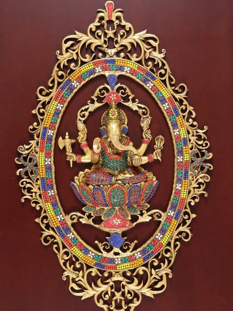 42" Large Wood Framed Brass Lord Ganesha with Inlay Work | Wall Hanging