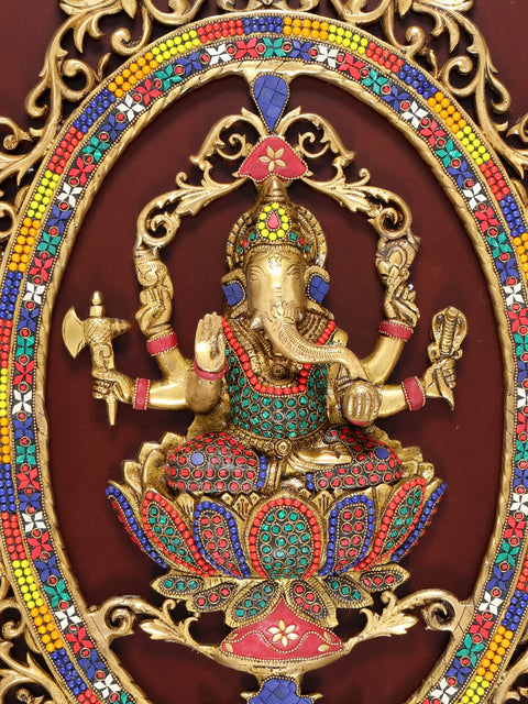 42" Large Wood Framed Brass Lord Ganesha with Inlay Work | Wall Hanging