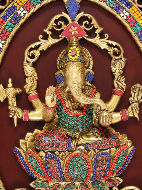 42" Large Wood Framed Brass Lord Ganesha with Inlay Work | Wall Hanging