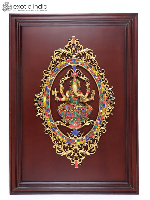 42" Large Brass Lord Ganesha Wall Hanging with Wood Frame and Inlay Work