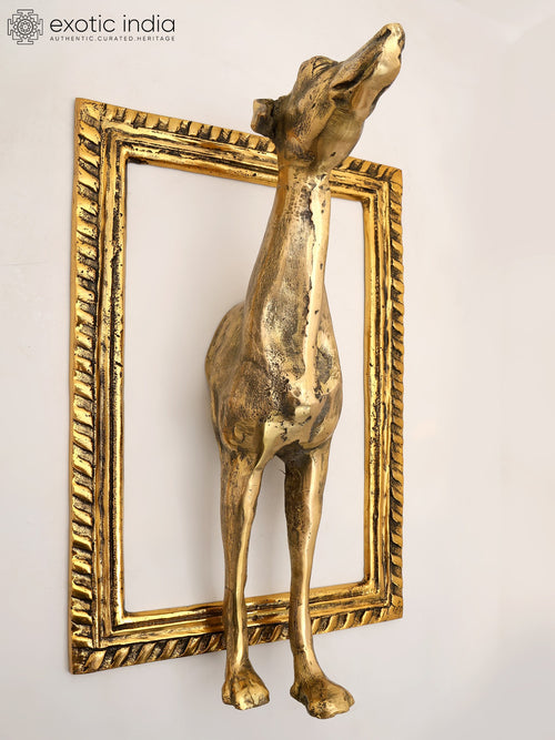 21" Brass Dog Wall Hanging Statue with Frame for Home Decor