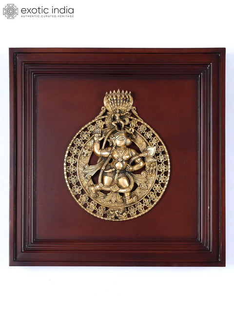 19" Wood Framed Brass Lord Hanuman | Wall Hanging
