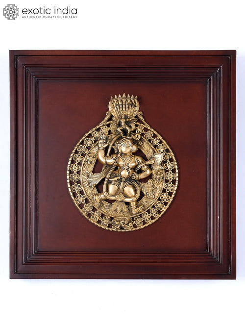 19" Brass Lord Hanuman Handmade Wall Hanging with Wood Frame