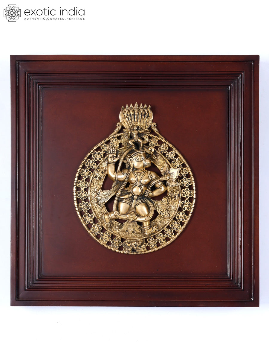 19" Brass Lord Hanuman Handmade Wall Hanging with Wood Frame