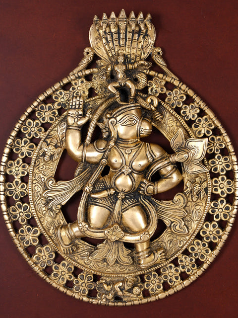 19" Wood Framed Brass Lord Hanuman | Wall Hanging