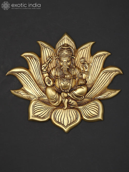 11" Brass Lord Ganesha Seated on Lotus Wall Hanging