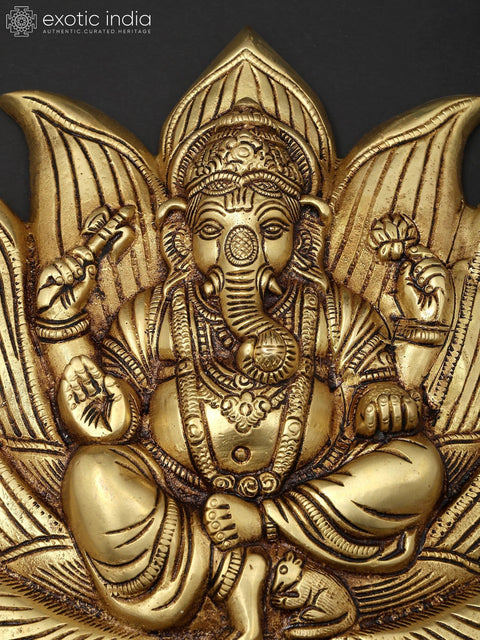 11" Brass Lord Ganesha Seated on Lotus | Wall Hanging