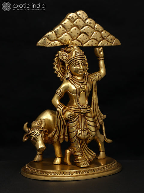 12" Lord Krishna Holding Govardhan Parvat on his Little Finger | Brass Statue