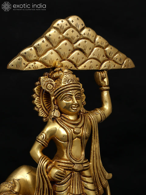 12" Lord Krishna Holding Govardhan Parvat on his Little Finger | Brass Statue