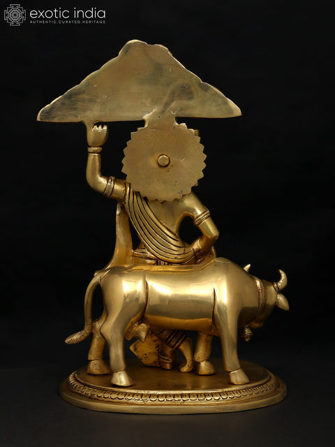 12" Lord Krishna Holding Govardhan Parvat on his Little Finger | Brass Statue