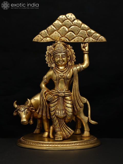 12" Lord Krishna Holding Govardhan Parvat on his Little Finger | Brass Statue