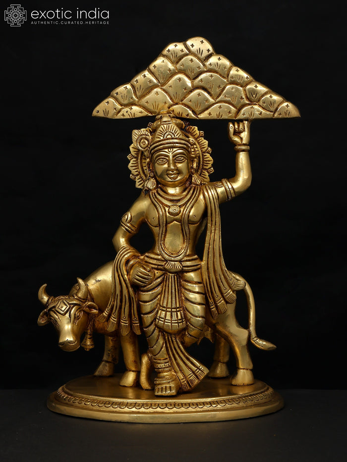 12" Lord Krishna Holding Govardhan Parvat Brass Statue