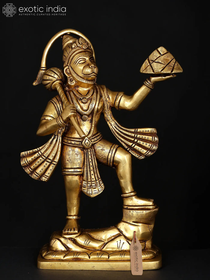 10" Standing Lord Hanuman Brass Statue Holding Sanjivani Herbs