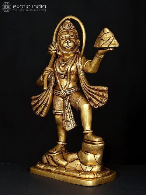 10" Standing Lord Hanuman Holding Mountain of Sanjivani Herbs | Brass Statue