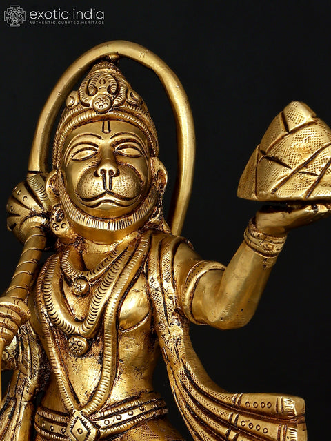 10" Standing Lord Hanuman Holding Mountain of Sanjivani Herbs | Brass Statue