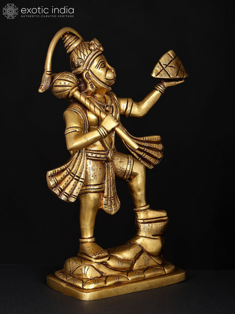 10" Standing Lord Hanuman Holding Mountain of Sanjivani Herbs | Brass Statue