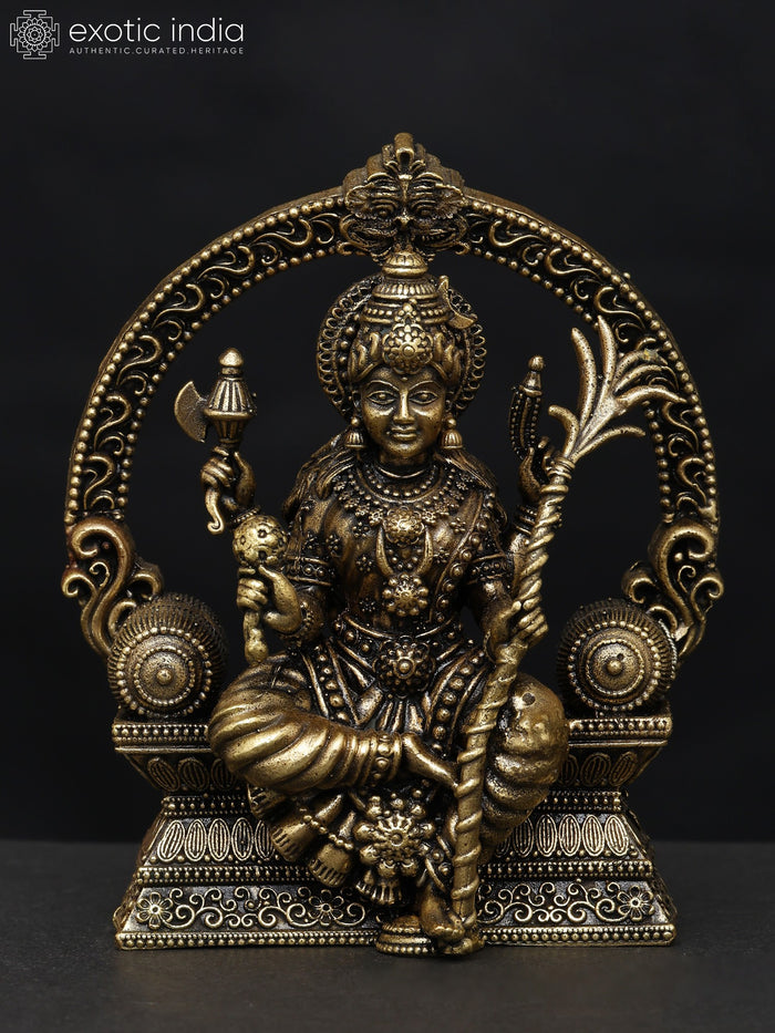 4" Small Superfine Goddess Rajarajeshvari Seated on Kirtimukha Throne | Brass Statue
